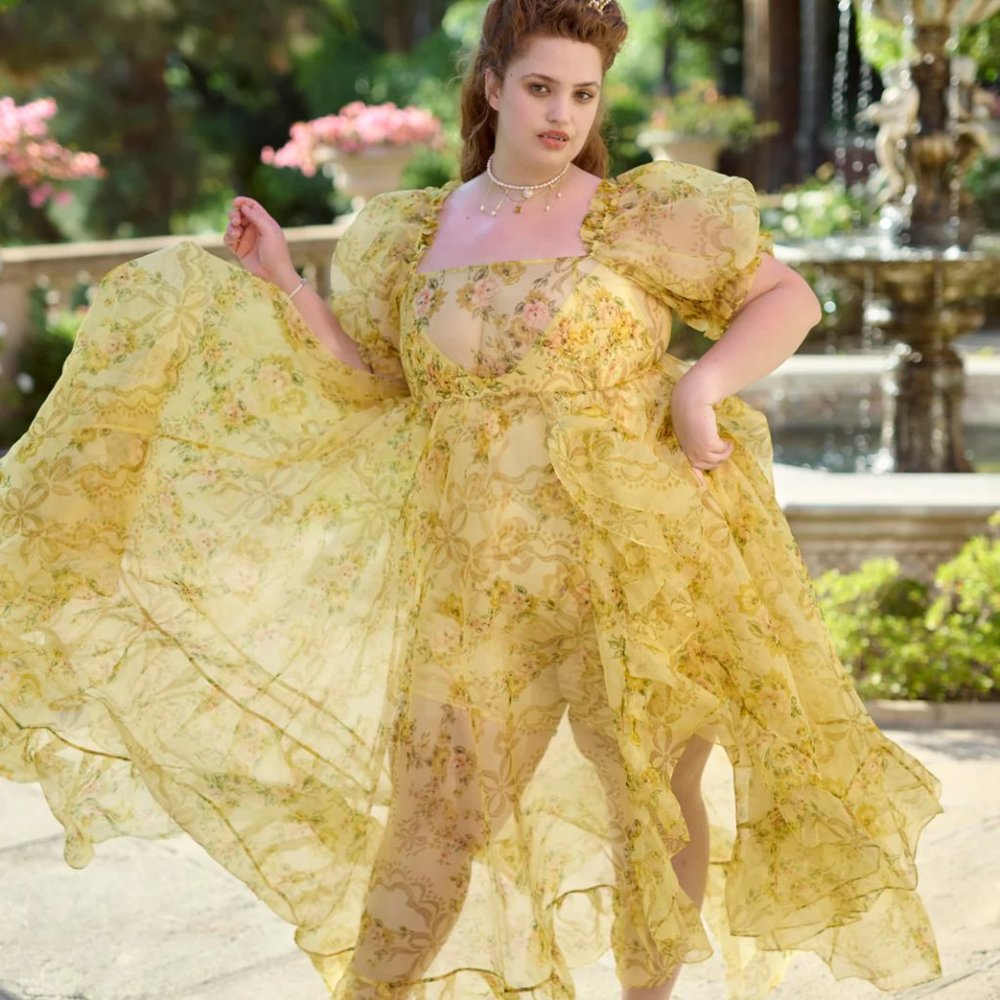 Selkie Creme Brulee Silk Sheer Delight Ruffle Gown - S / NWOT
